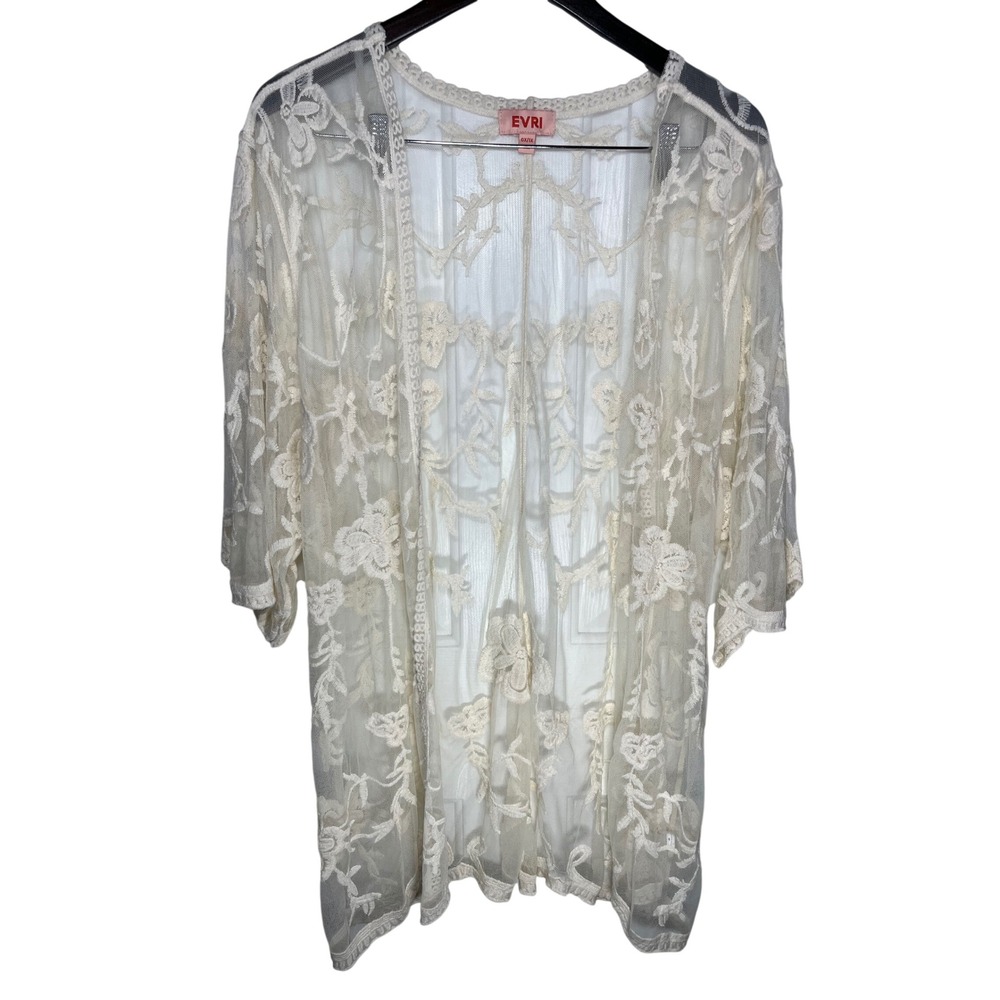 EVRI Boho Floral Embroidered Mesh Kimono 0X 1X Cream White Sheer Crochet Trim